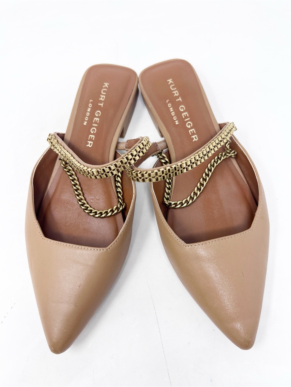 KURT GEIGER TAN SLINGBACK POLLY POINTED TOE FLATS MULES CHAIN DETAIL WOMENS SZ 7